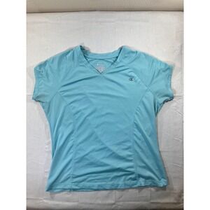Champion Women Aqua Blue VNeck Large Short Sleeve Athletic Performance Shirt Top